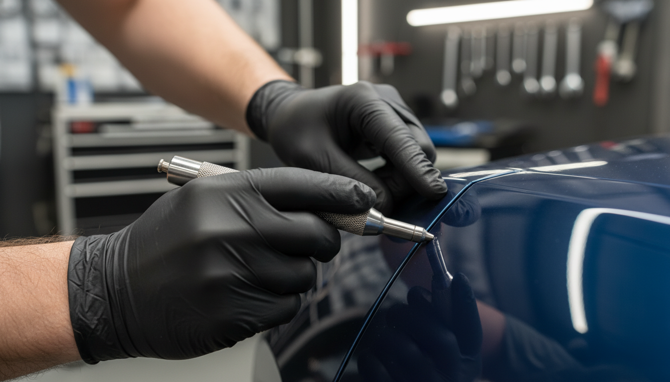Skilled auto technician working on a vehicle with precision and care